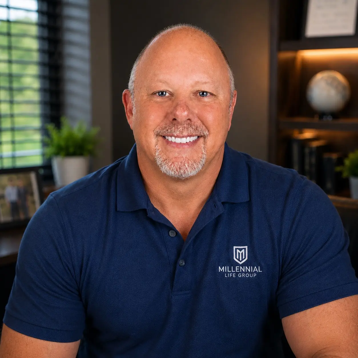 James Kaufer in a navy Millennial Life Group polo in an office
