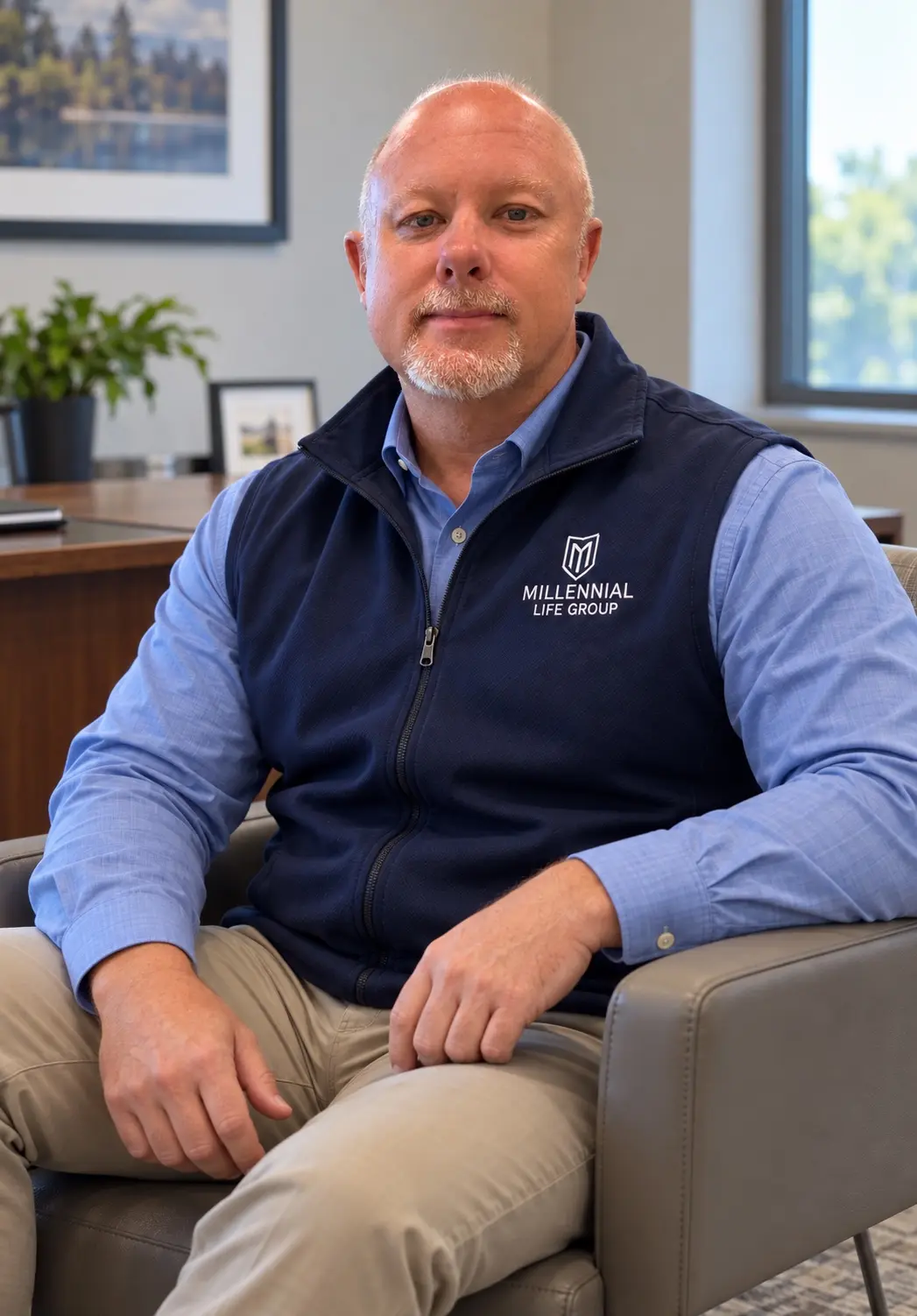 James Kaufer seated in an office wearing a Millennial Life Group vest