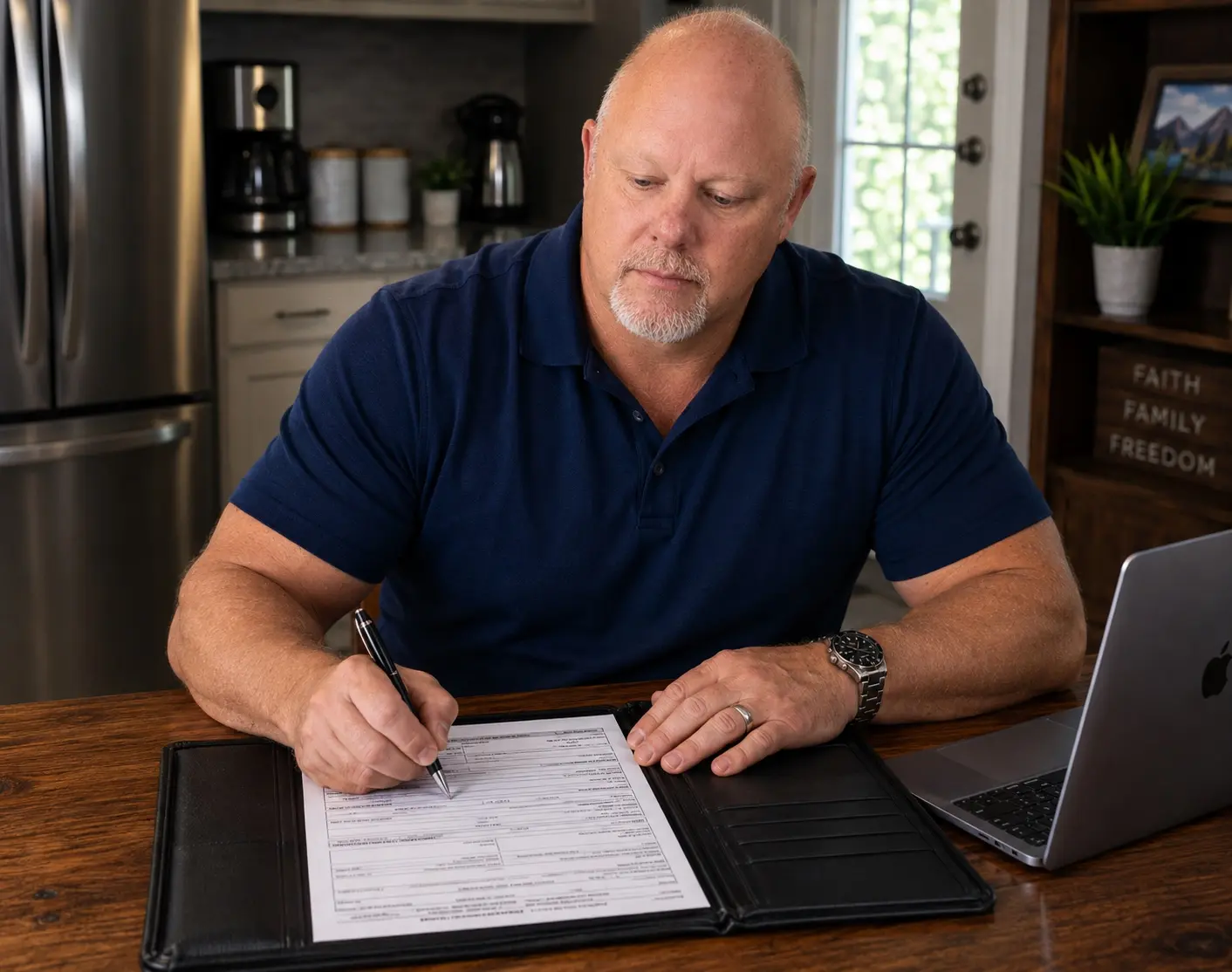 James Kaufer reviewing Medicare coverage information at a desk