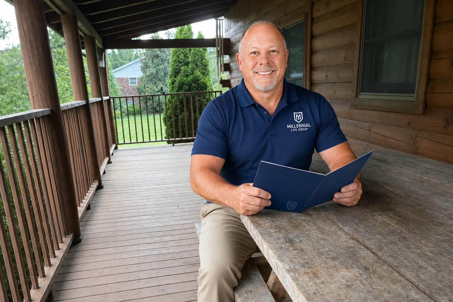 James Kaufer reviewing a Medicare guide on a porch
